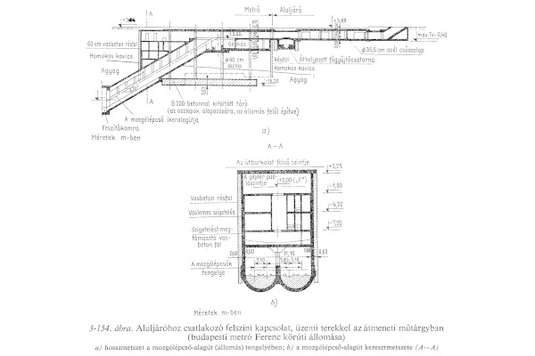 Budapest, M3 metró, Corvin-negyed, mozgólépcső alagút műtárgy, hosszmetszet, kereszmetszet, bélyegkép