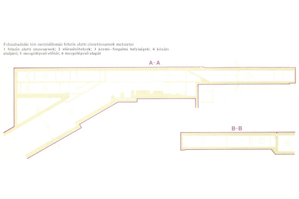 Budapest, M3 metró, Ferenciek tere, felszín alatti elosztócsarnok, hosszmetszet, bélyegkép