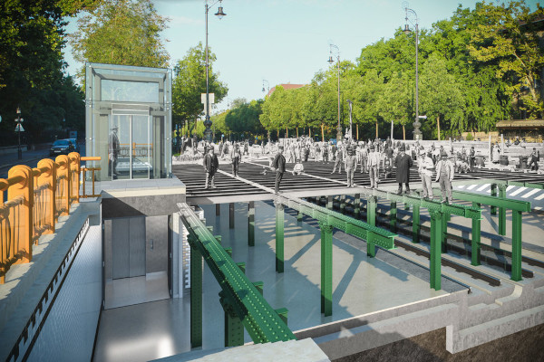 Budapest, M1 metró, akadálymentesítés, Hősök tere, látványterv, bélyegkép