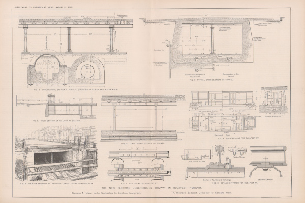 Budapest, M1 metró, alagút keresztmetszet, hosszmetszet, felépítmény, bélyegkép