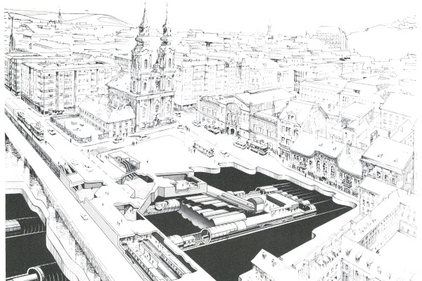 Budapest, M2 metró, Batthyány tér, perspektív kép, Sípőczy Lajos, bélyegkép