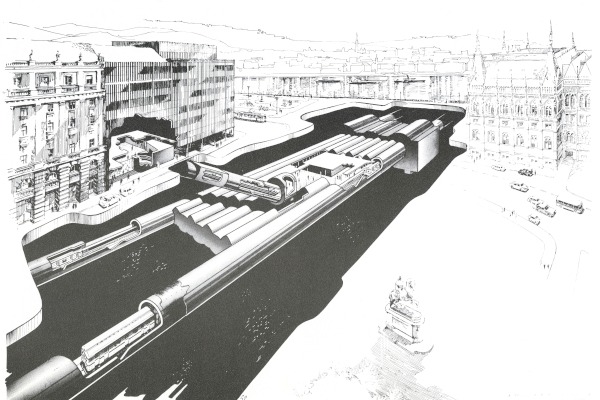 Budapest, M2 metró, Kossuth Lajos tér, perspektív kép, Sípőczy Lajos, bélyegkép