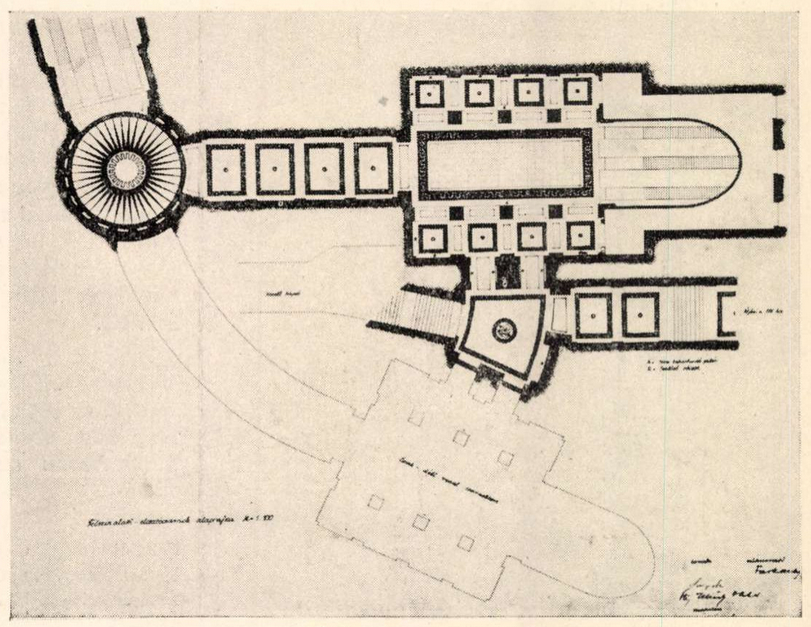 Budapest, M2 metró, Deák Ferenc tér, Magyar Építőművészet, felszín alatti elosztócsarnok alaprajza, bélyegkép