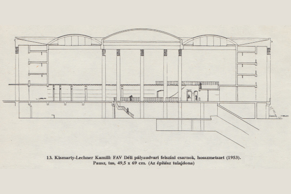 Budapest, M2 metró, Déli pályaudvar, Pavilon 1991, felszíni csarnok, hosszmetszet, bélyegkép
