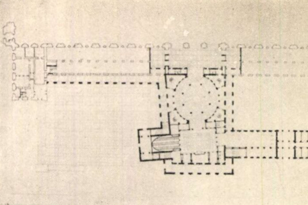 Budapest, M2 metró, Keleti pályaudvar, Magyar Építőművészet, felszíni csarnok alaprajza, bélyegkép