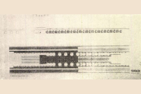 Budapest, M2 metró, Keleti pályaudvar, Magyar Építőművészet, mélycsarnok alaprajza, bélyegkép