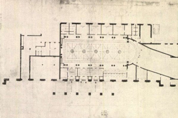 Budapest, M2 metró, Kossuth Lajos tér, Magyar Építőművészet, felszíni állomás alaprajza, bélyegkép