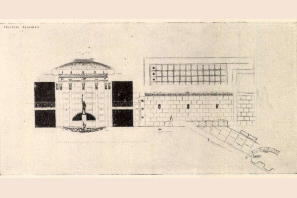 Budapest, M2 metró, Kossuth Lajos tér, Magyar Építőművészet, felszíni csarnok hosszmetszete, bélyegkép