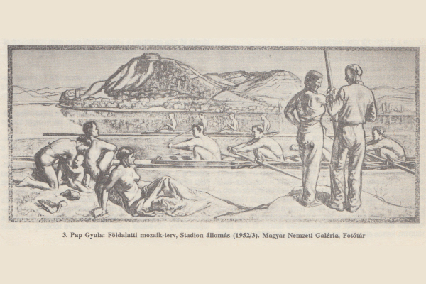 Budapest, M2 metró, Puskás Ferenc stadion, Pavilon 1991, freskóterv, bélyegkép