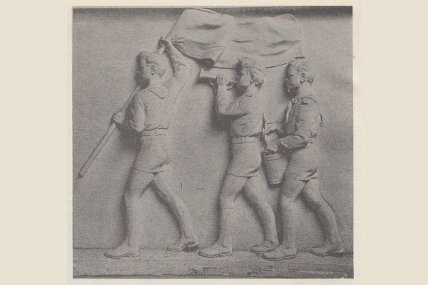 Budapest, M2 metró, Puskás Ferenc stadion, Pavilon 1991, szocreál szobor, bélyegkép