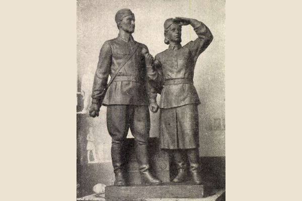 Budapest, M2 metró, Puskás Ferenc stadion, Magyar Építőművészet, szocreál szobor, bélyegkép