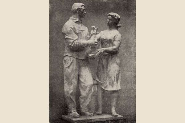 Budapest, M2 metró, Puskás Ferenc stadion, Magyar Építőművészet, szocreál szobor, bélyegkép