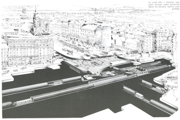 Budapest, M3 metró, Kálvin tér, perspektív kép, Sípőczy Lajos, bélyegkép