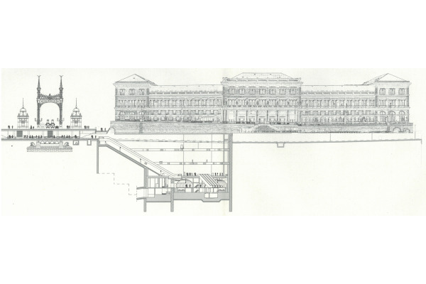 Budapest, M4 metró, Fővám tér, keresztmetszet, bélyegkép